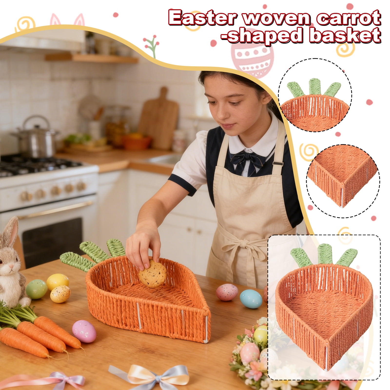 15.74Inch Easter Woven Carrot Basket, Cute Vegetable Carrot Storage Baskets Fruit Snack Candy Storage for Entryway Desktop Home Easter Party Decor