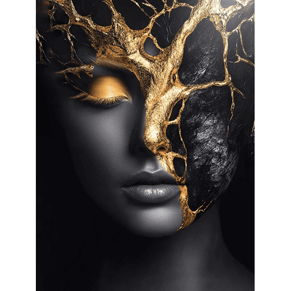 Gold and Black Abstract Face Canvas Art Print， Suitable for Living Room， Bedroom， Office， Bathroom， and Hallway Decoration.