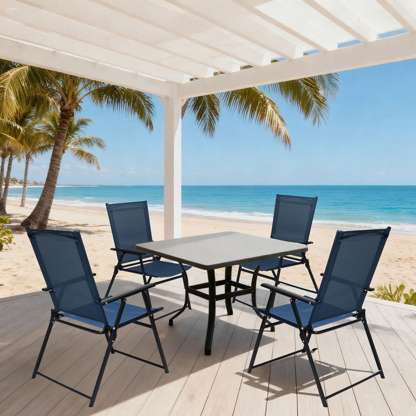 SHGJ&SOFT Set of 2 Folding Chairs，Outdoor Patio Chair with Armrests for Porch Camping Pool Beach Deck Lawn Garden (Blue, 2 PC)
