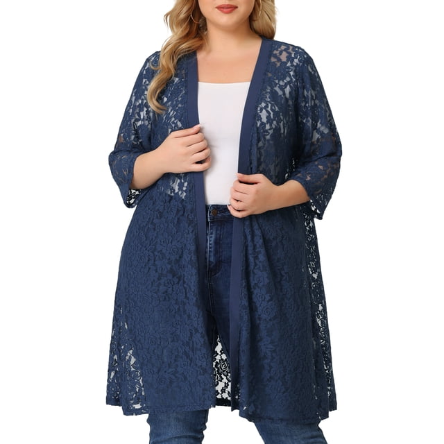 Cárdigans de mujer plus size Agnes Orinda, de encaje, ligeros, con mangas 3/4, cárdigans de cobertura 5X en color marino