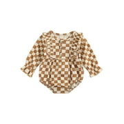 Infant Checkerboard Plaid Print Long Sleeve Romper Ruffles Jumpsuit Bodysuit Outfit Cute Clothes