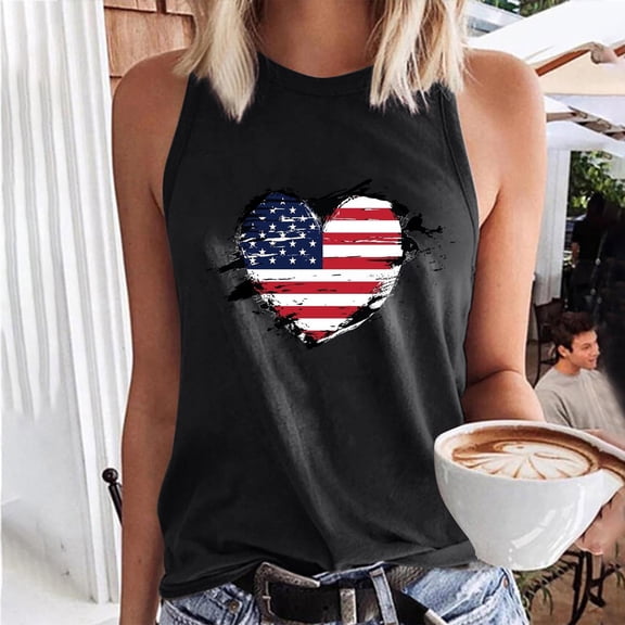 Wycnly Womens 4th of July Tank Tops Independence Day Patriotic Shirts Loose Fit Racerback Vest Summer Fashion Heart American Flag Print Crewneck Sleeveless Blouse Black xxl