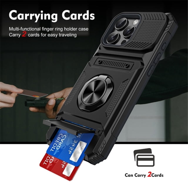 For Apple iPhone 16 Pro Max Phone Case with Finger Ring Holder Kickstand, Card Slots,Heavy Duty Shockproof Rugged Protective Working with Magnetic Car Phone Mount,Black,For iPhone 16 Pro Max