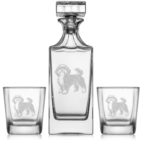 Whiskey Decanter Gift Set With 2 Whiskey Old Fashioned Rocks Glasses Havanese Dog Stylized