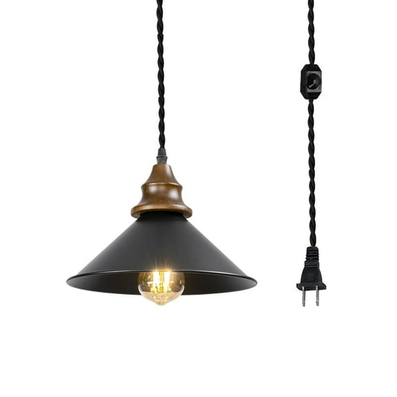 KAYYELAMP 15ft Dimmable Cord Plug-in Pendant E26 Walnut Base Dia 10.2" Black Metal Shade Hanging Light Vintage Decor for Kitchen Farmhouse(No Bulb)