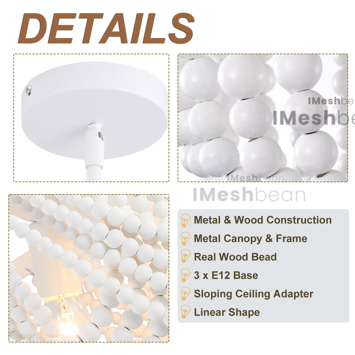 Imeshbean 3-Light Boho Wooden Draped Bead Chandelier