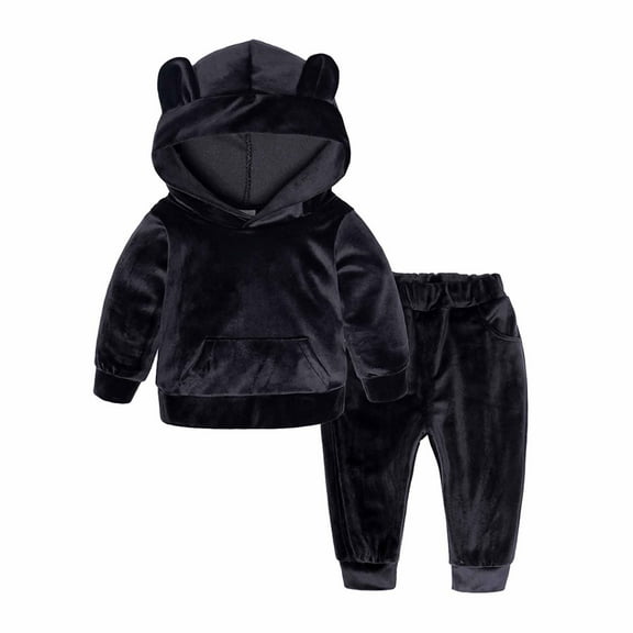 Baby Boys Girls Velvet Sweatsuit, Kids Cute Ear Fleece Pullover Hooded and Jogger Pants Outfits Tracksuit Set Black 18-24M