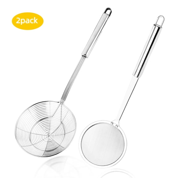 RYLZX 2Pcs Stainless Steel Fat Skimmer & Spider Strainer Set, Fine Mesh Grease Strainer and Wire Skimmer Ladle for Hot Pot, Frying, Pasta