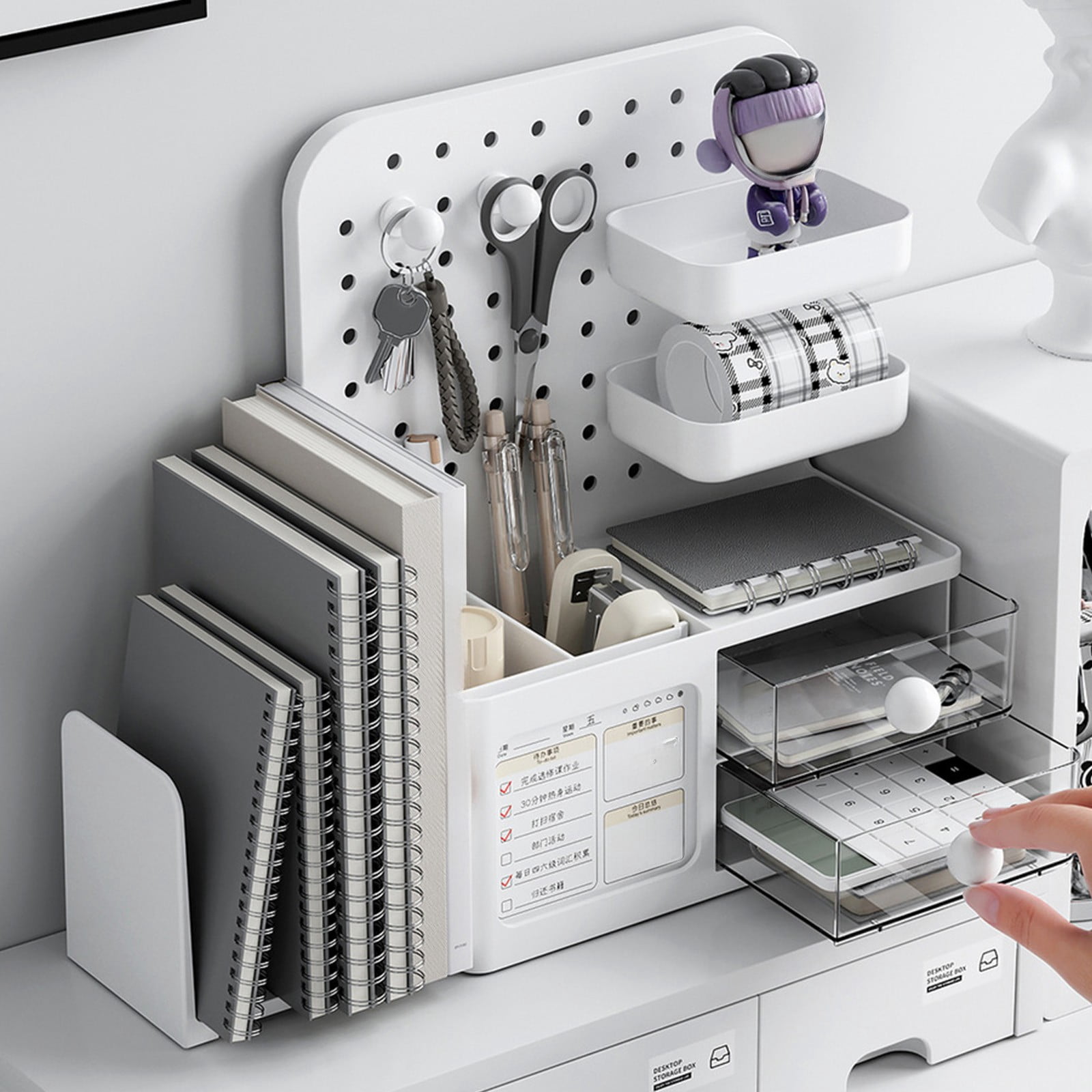 Horivan Desk Pegboard Organizer with Retractable Stand Plastic Storage Box for Office Supplies Home Office Dorm Desk Organizer, Space Saving Desk Accessories