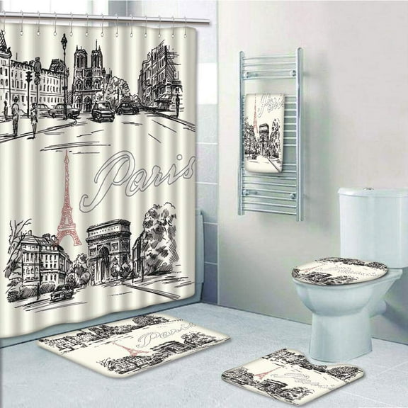 PRTAU Arch of Triumph Restaurant Monument Old Fashioned Paris Street Sketch 5 Piece Bathroom Set Shower Curtain Bath Towel Bath Rug Contour Mat and Toilet Lid Cover