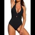thumbnail image 1 of Traje de Baño de una Pieza para Mujer, Tirantes Anchos, Escote en V, Textura Plisada, Ribete Acanalado, Espalda Abierta Negro M, 1 of 8