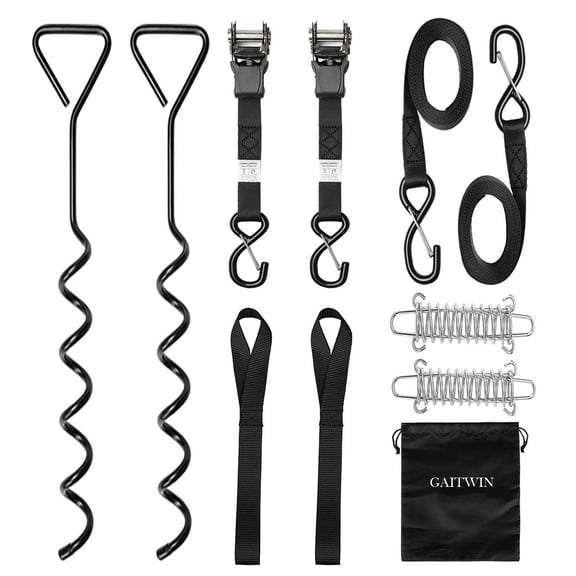Heavy Duty RV Camper Awning Tie Down Kit,Included Ratchet Tie Down Anchor Strap and Spring and Spiral Stakes Connection for Outdoor Camping Trailer Truck