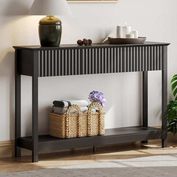 47" Fluted Console Table with 3 Drawers, Narrow Long Entryway Table with Storage and Shelf, 2-Tier Sofa Table Behind Couch Accent Tables for Entrance Foyer, Hallway, Living Room, Black