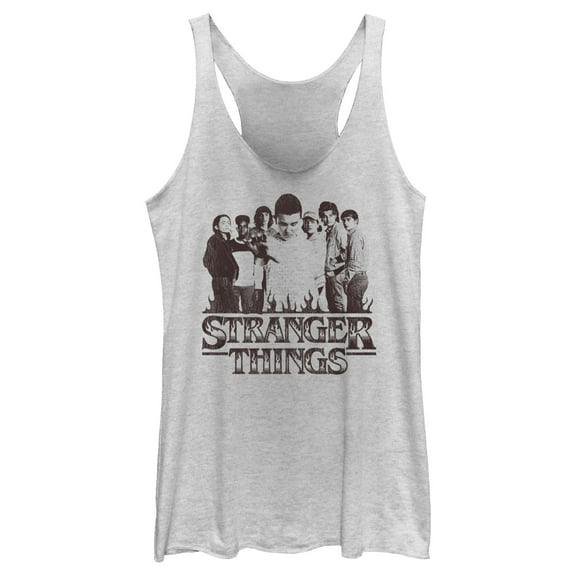 Netflix Women's Stranger Things Group Shot and Flaming Logo Racerback Tank Top White Heather X Large