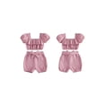 thumbnail image 2 of BemeyourBBs Toddler Baby Girls Summer Clothes Infant Baby Girls 2 Piece Outfits Short Puff Sleeve Square Neck Ruched Shirt Tops Belted Shorts Sets, 2 of 9