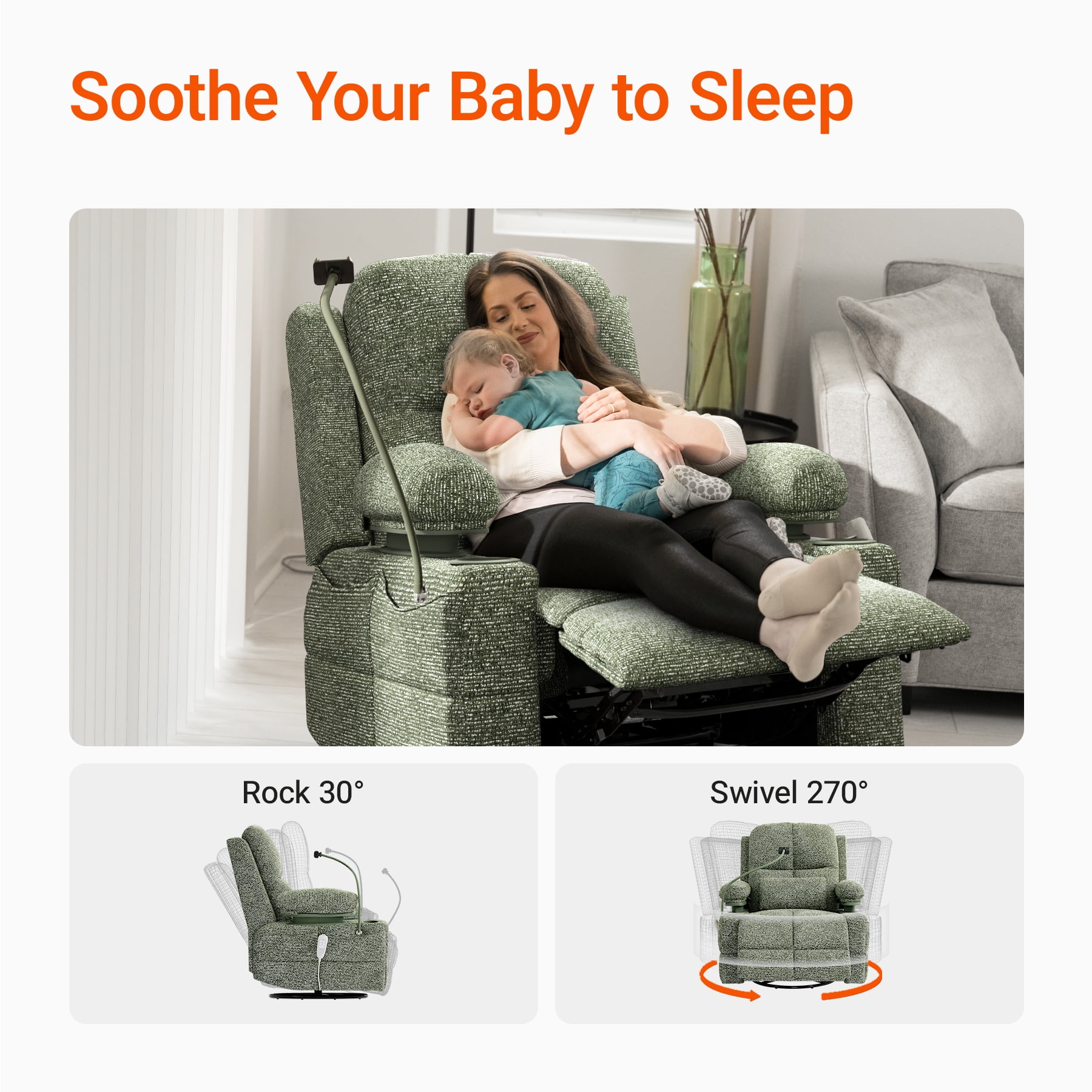 MAMAZING Nursery Rocking Chair Swivel Glider Oversized Recliner with Pockets Electric Power Baby Nursing Chair Green