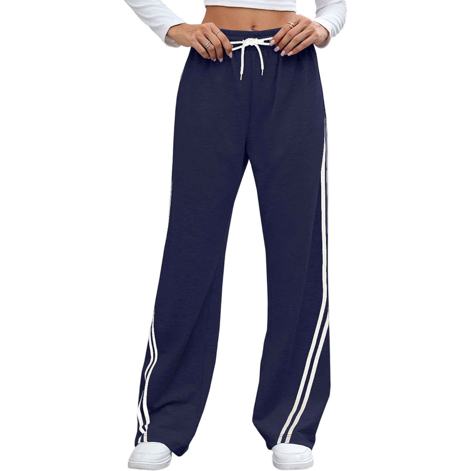 Crazee Wear Style 500Str Relaxed Fit Pants - Solid Navy With 2 White Stripes For Men And Women, Cotton/Poly Blend