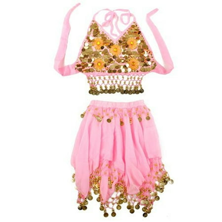 TopTie Kid's Tribal Belly Dance Girl Skirt & Halter Top Set, Halloween Costumes-Pink-M