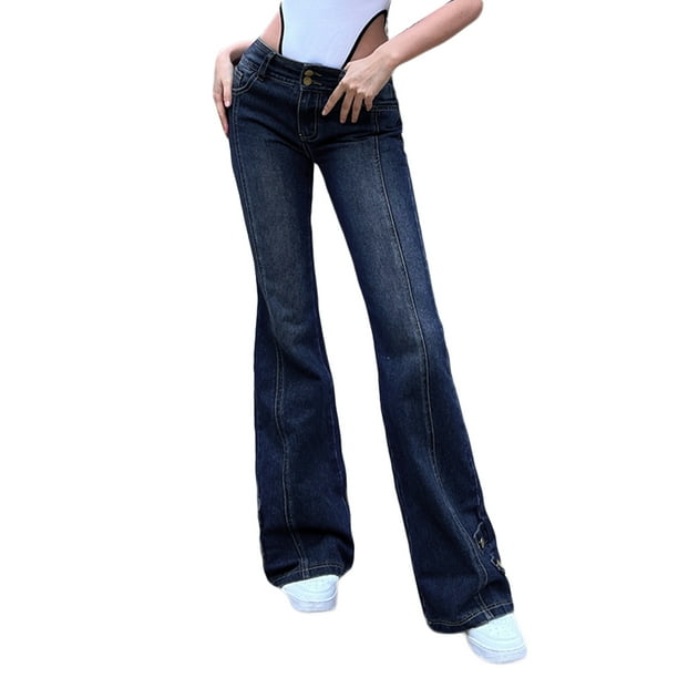 SAYOO Pantalones de campana de denim femenino con hebilla de cinturón y cintura alta retro SAYOO moda