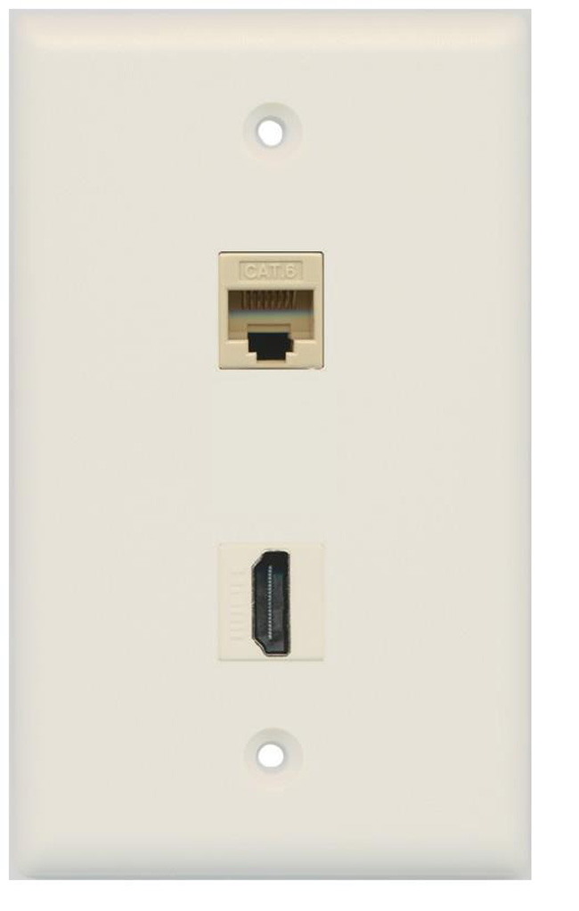 RiteAV 1 Cat6 and 1 HDMI Port Wall Plate Light Almond Bracket Included