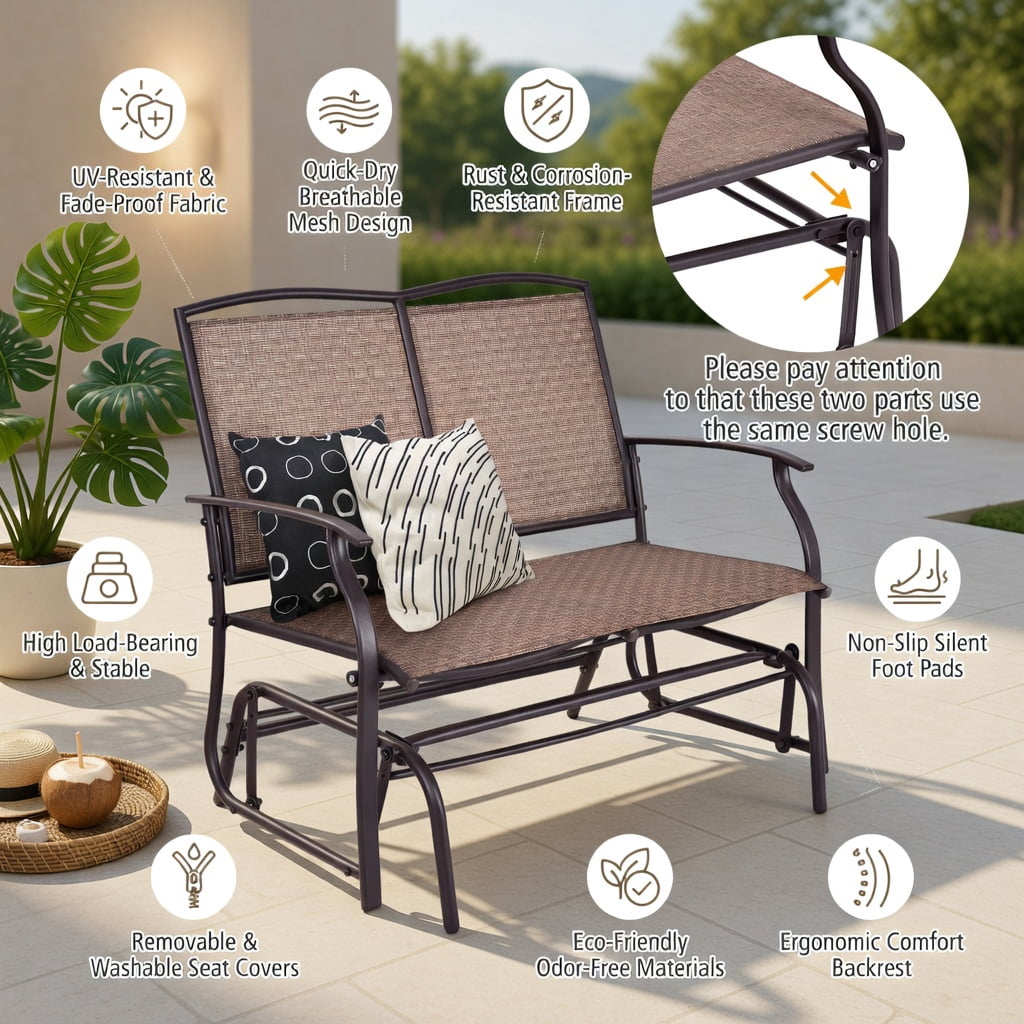 Hommoo Outdoor Steel Rocking Loveseat Chair, Textilene Seat, Backyard & Patio Relaxation Furniture, Brown