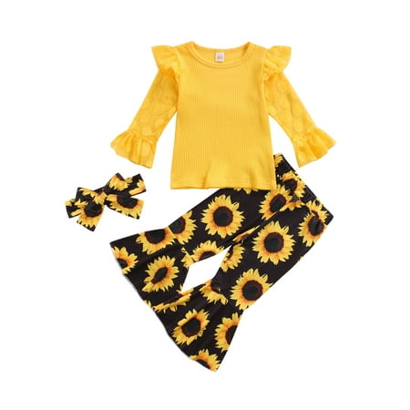 

Fullvigor Baby Girls Long Sleeve T-shirt Tops Flower Print Flare Bell Bottoms Headband Outfit