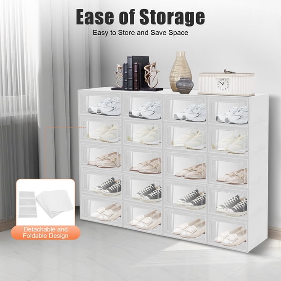 20 PCS Shoe Storage Boxes,Clear Plastic Clamshell Shoebox Stackable Shoe Organizer Foldable Display Box Container Closet Shelf Display Case