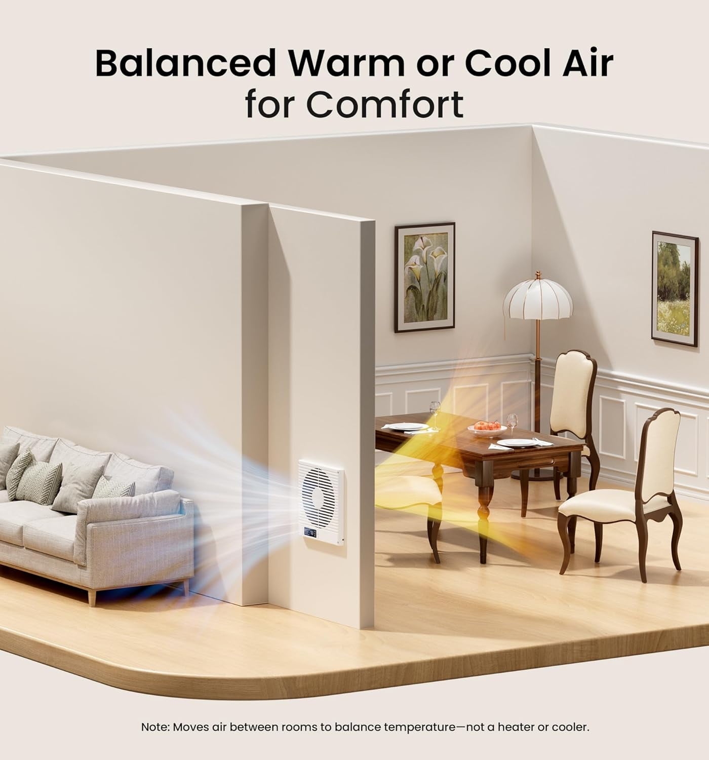 KOVIET 8 inch Room to Room Ventilation Fan with Remote, Quiet Reversible Through the Wall Air Transfer Fan, 10-Speed Smart Exhaust Vent, Temperature Control, ETL Certified for Bedroom, Kitchen, Laund