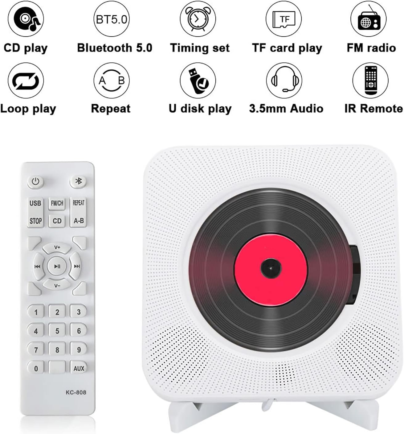 Bluetooth CD Player, Wall-Mounted Home Audio Speaker with LED Screen Display, Supports U Disk, TF Card Playback, Supports CD, CD-R, CD-RW, MP3, WMA and Other Formats