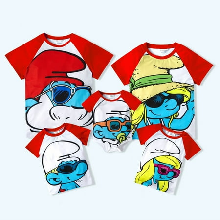 

PatPat Smurfs Big Graphic Family Matching Tops and Romper One piece Sizes Baby-Kids-Adult