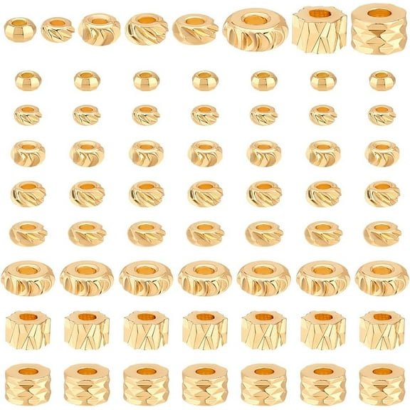80pcs 18k golden Plated Beads 8 styles Rack Plating Brass Spacer Beads Flat Round Spacer Beads Column Beads Rondelle Spacer Beads for Jewelry Making Bracelet Necklace Beading Craft