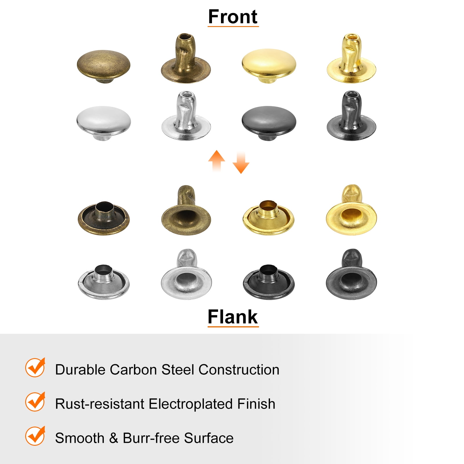 Uxcell 200Sets Single Cap Rivet 15mm Carbon Steel Round Head Snap Studs, Silver