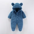 thumbnail image 2 of Lenpel Newborn Baby Fuzzy Fleece Jumpsuits Plush Warm Long Sleeve Button down Ear Hooded Footie Rompers Infant Winter Outwear(Blue,9-12 Months), 2 of 3