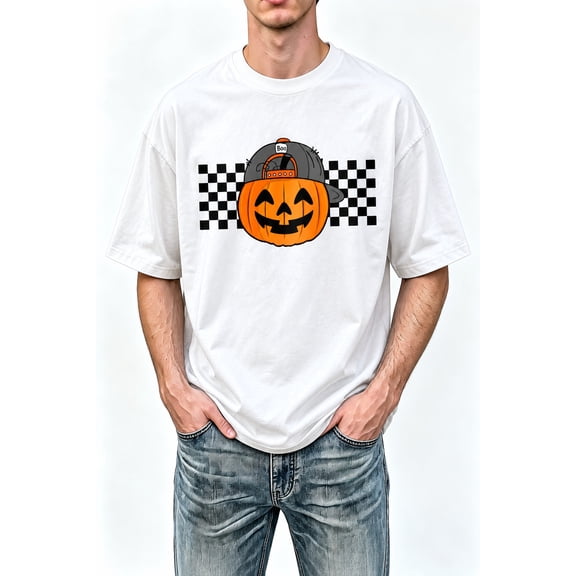【New Arrival】 Halloween Pumpkin Graphic T-Shirt, Jack O Lantern Checkerboard Short Sleeve Crew Neck Tee