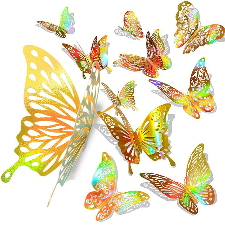 Dreamhall 60 Pcs 3D Iridescent Gold Butterfly Wall Stickers Decals ,Holographic Gold Butterfly Wall Decor Classroom Decor for Nursery, Glitter Party