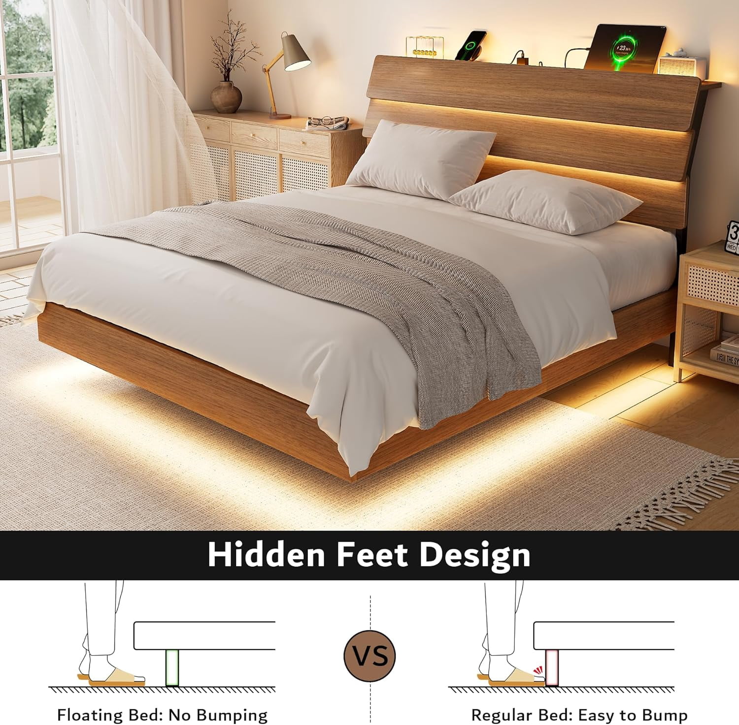 Honfach Full Floating Bed Frame with LED Lights & Charging Station, Platform Bed with Wooden Storage Headboard, Steel Slats Support, No Box Spring Needed, Easy Assembly, Noise-Free,Walnut