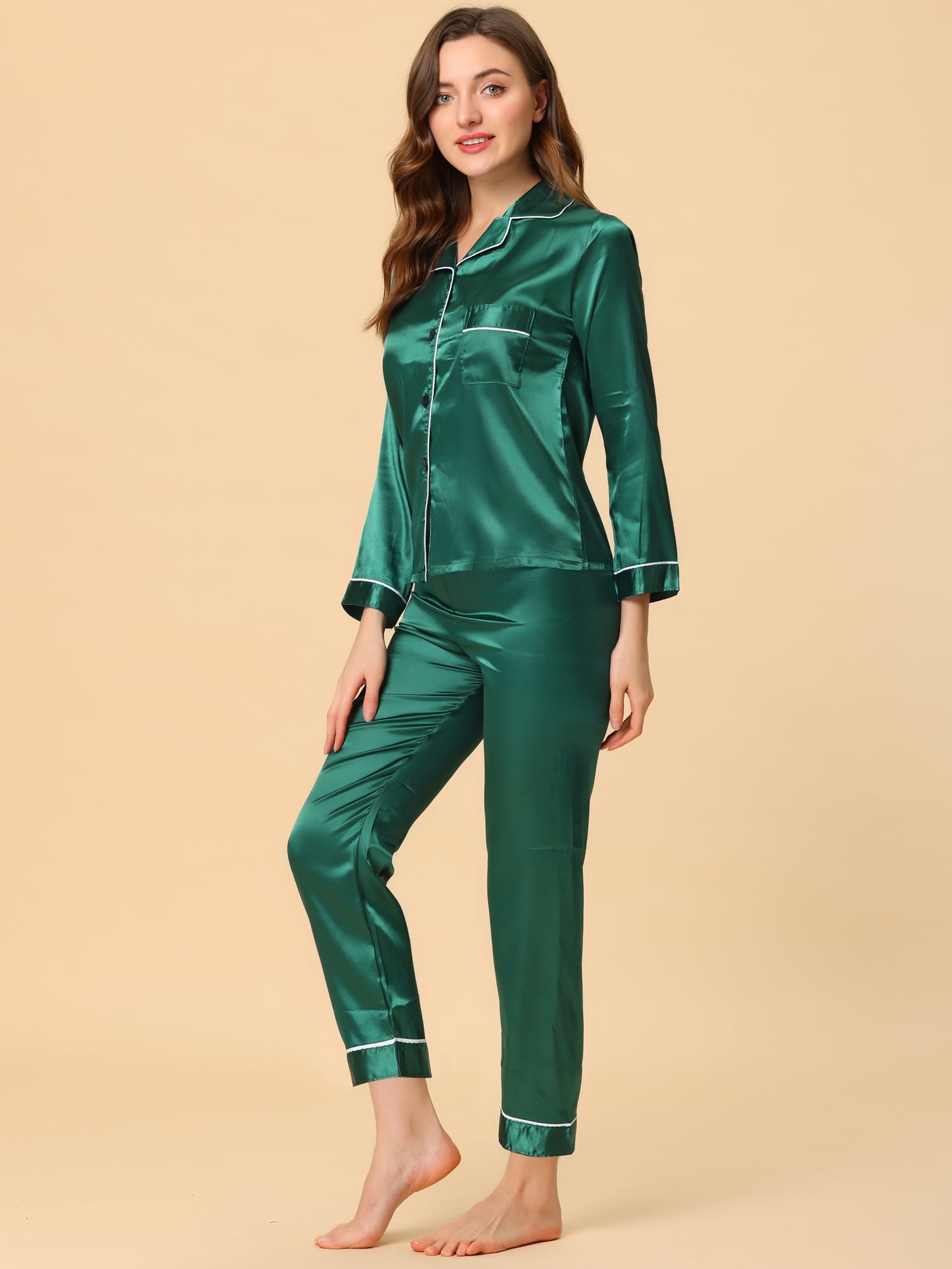 Unique Bargains Women's Satin 2pc Loungewear Button Down Silky Pajama Sleepwear Sets