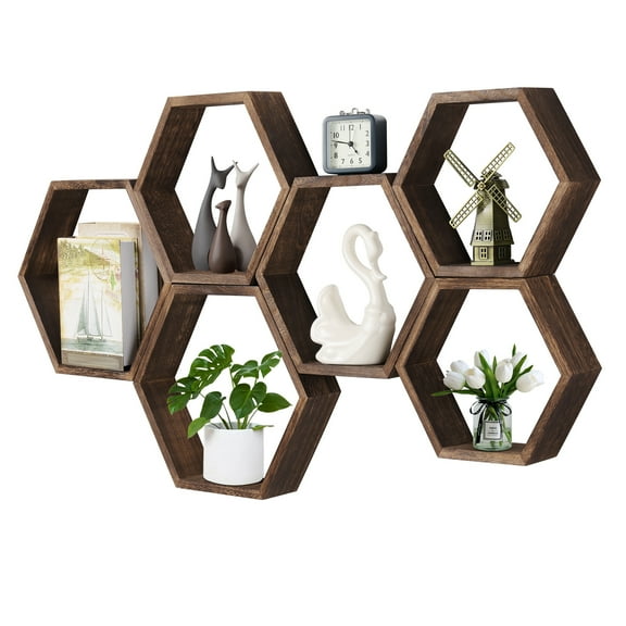 BTY Hexagon Floating Shelves Set of 6 Honeycomb Shelves for Wall Wood Farmhouse Storage Home Decor Shelf Wall Mounted Wooden for Bedroom Living Room Nursery, Rustic Brown