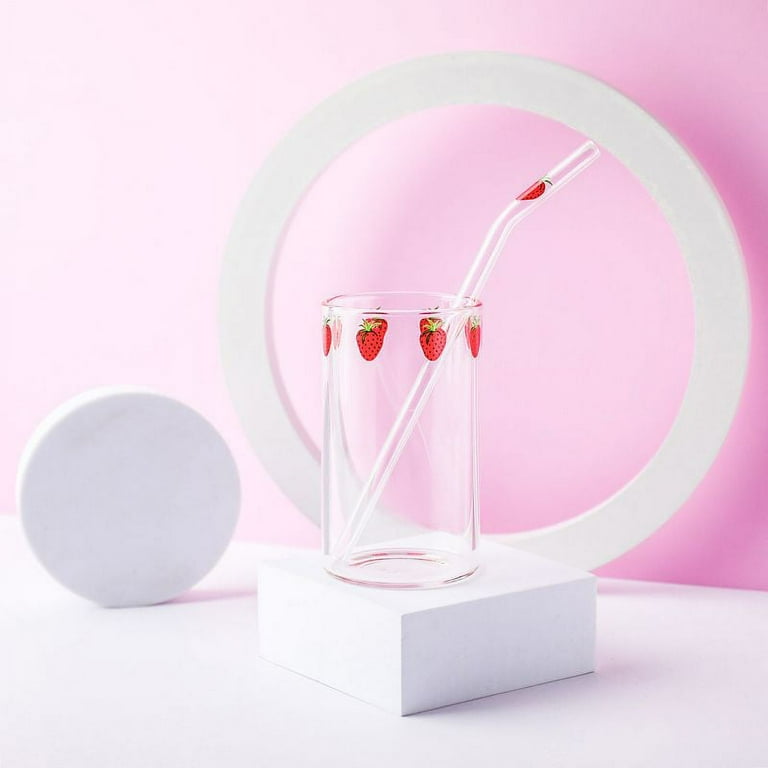 Ins Nana Strawberry Glasses Heat Resistant Coffee Milk Water Cups With Straws Clear Cute Juice Smoothie Cold Drinks Straw Cup - 15