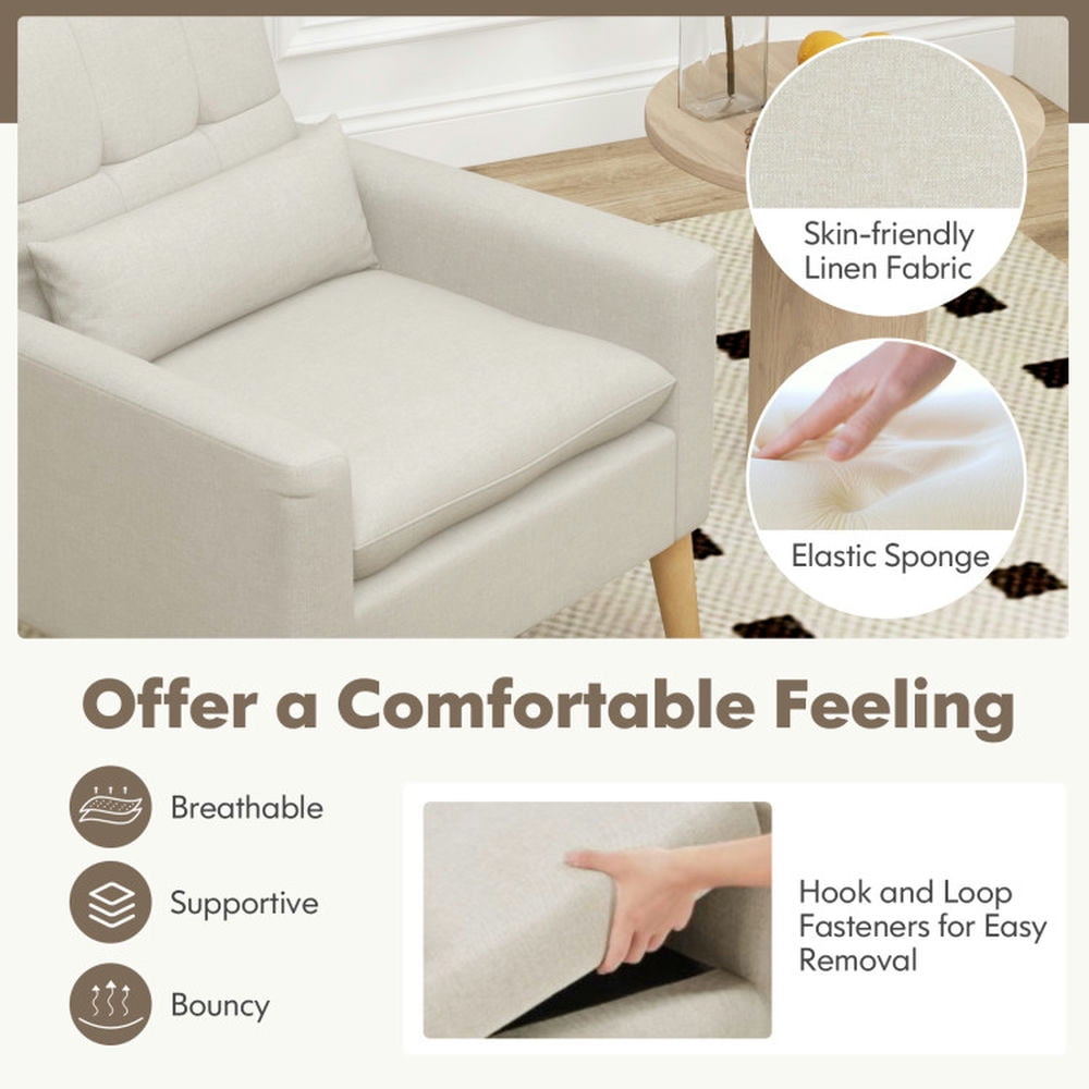 Finihen Accent Chair, Upholstered Accent Armchair, Accent Chair with Lumbar Pillow Natural Rubber Wood Legs Padded Cushions, for Living Room, Bedroom, Reception Room, Beige Finihen Accent Chair, Upholstered Accent Armchair, Accent Chair with Lumbar Pillow Natural Rubber Wood Legs Padded Cushions, for Living Room, Bedroom, Reception Room, Beige