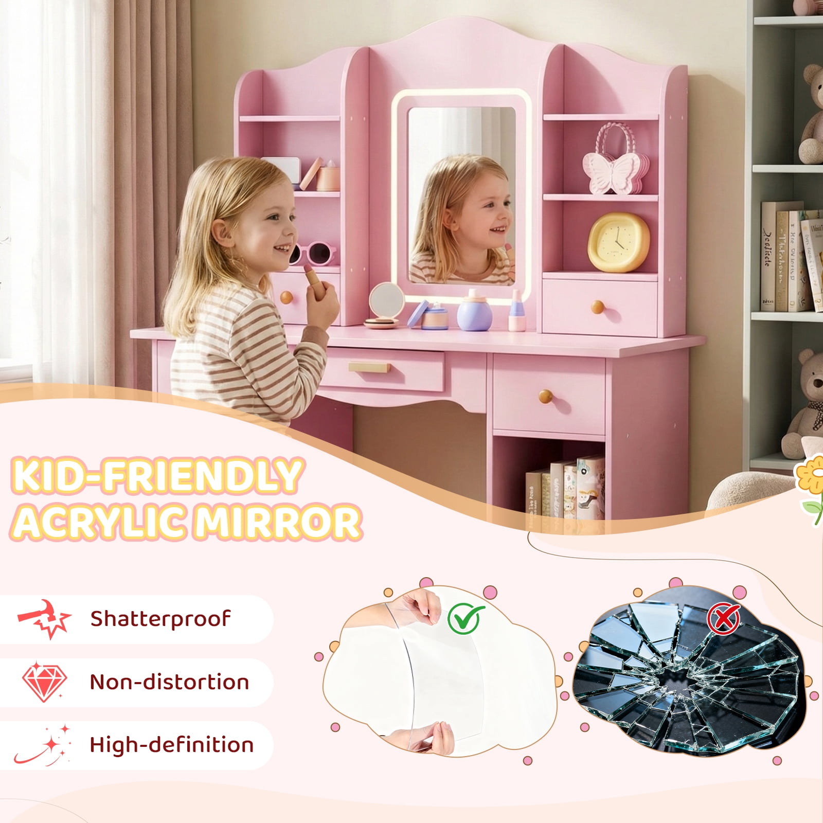 Pirecart Kids Vanity Set, Children Dressing Table and Chair with Mirror Drawer, 3 Color Lights, Large Storage, Detachable Shelf, Pink