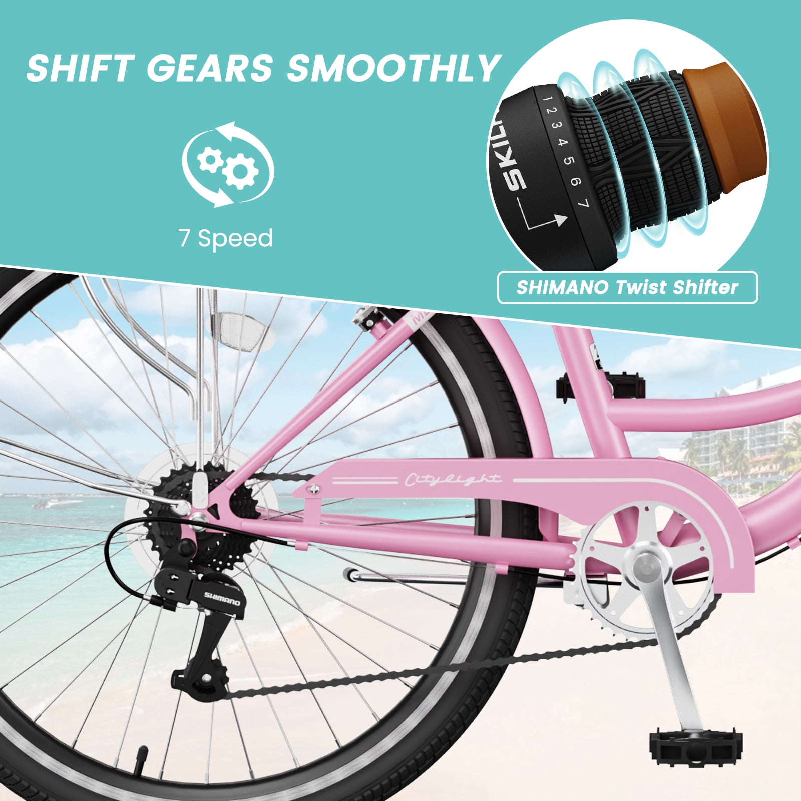 MOONCOOL 24/26 Inch Cruiser Bike for Women, 7 Speed Step-Through Bicycle with Basket, Rear Rack & Lock, Retro City Bike for Adults