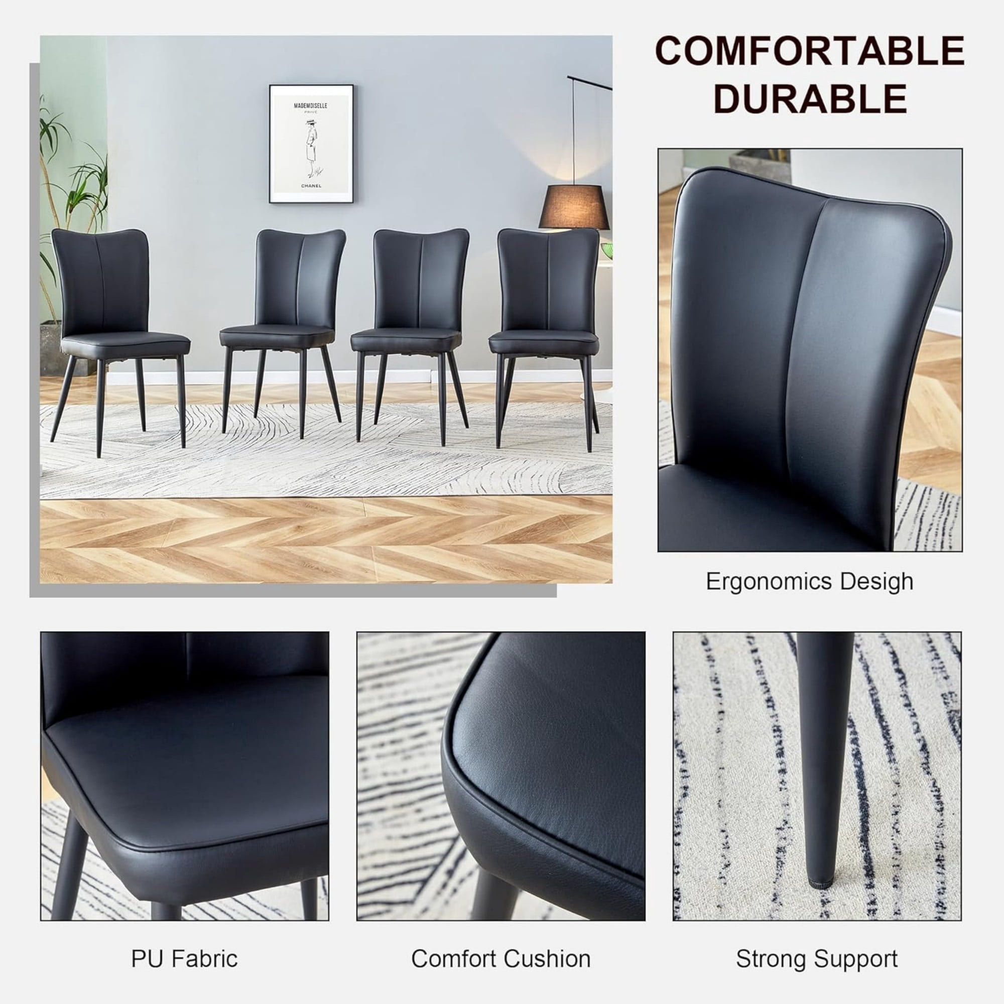 SUDICA Dining Chairs Set of 6, Black Faux Leather Upholstered Side Chairs with Black Metal Legs for Dining Room and Kitchen