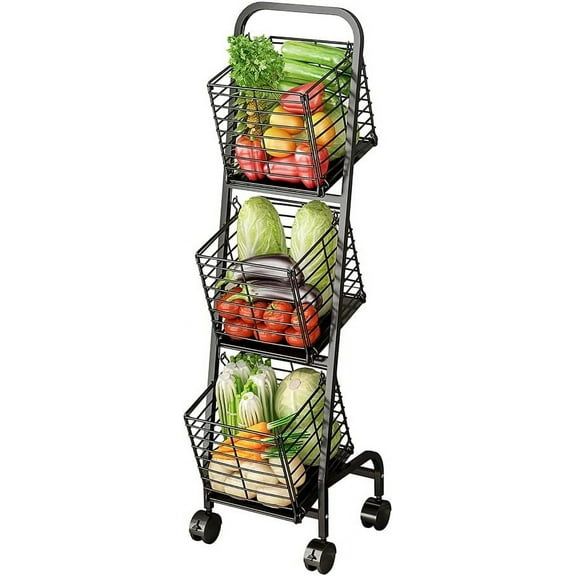 3-Tier Fruit Basket Stand for Kitchen, Wire Market Basket Food Storage Stand with Wheels, Vegetable Produce Pantry Basket Organizer