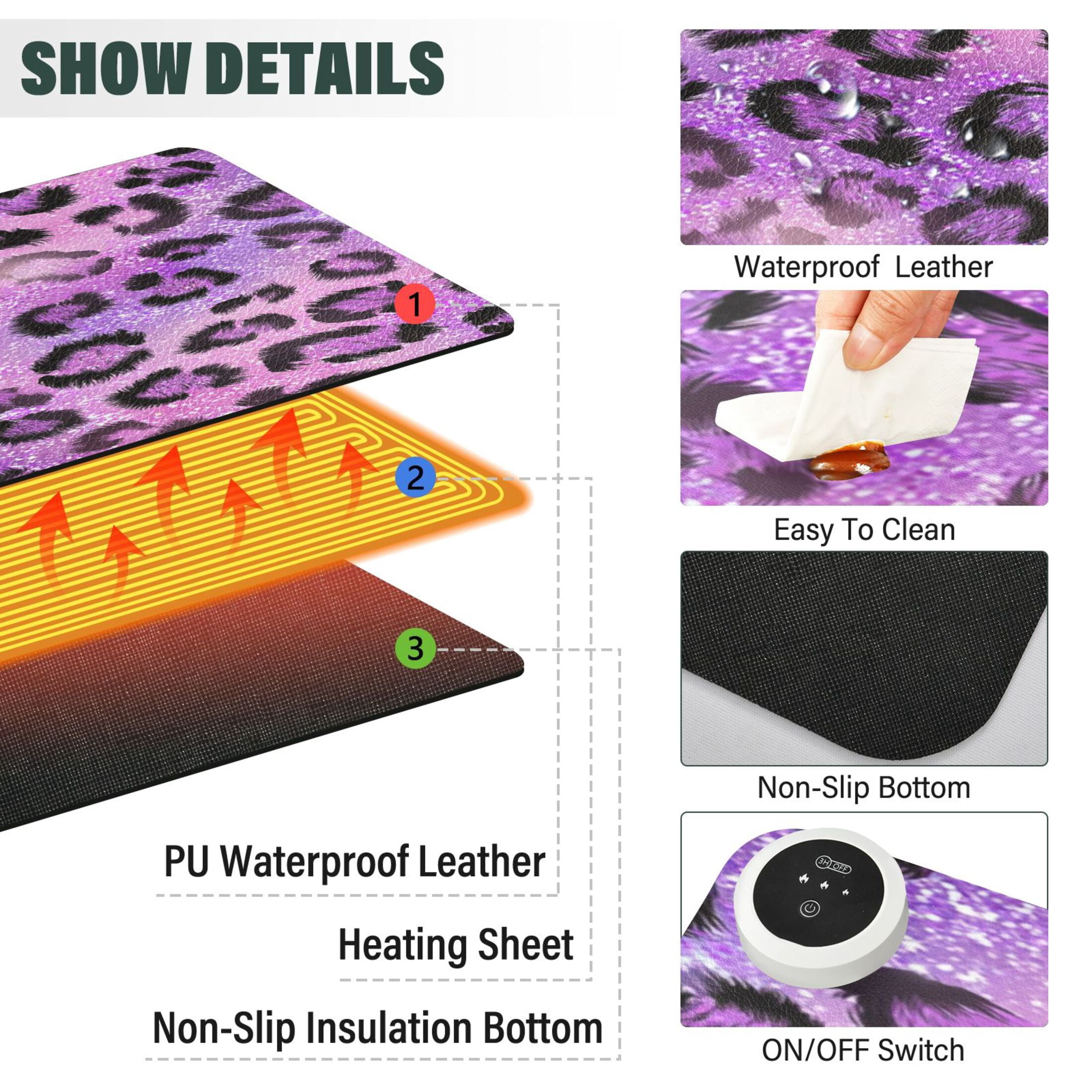 Large Heated Desk Mat Mouse Pad 31.5"x13"PU Leather Graphene Heating Desk Warmer with 3 Temperature Settings 110V US Plug Non-Slip Warm Pad for Home, Office, and Gaming Sparkle Pink Leopard Print