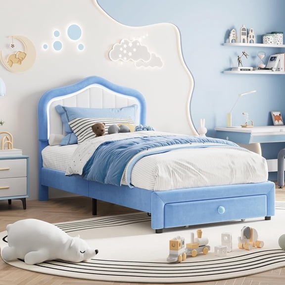 Upholstered Twin Platform Bed Frame with LED Lights & Storage Drawer – Soft Headboard, Wooden Slats, No Box Fresh Needed, Noise-Free, Easy Assembly, Blue and White