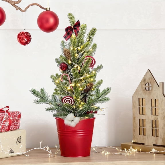 HioHa 18-Inch Pre-Lit Mini Tabletop Tree with Warm White LED Lights, Flocked Branches with Red Berries & Pinecones, Artificial Snowy Tree for Shelf Desk Mantel Indoor Home Party Decor
