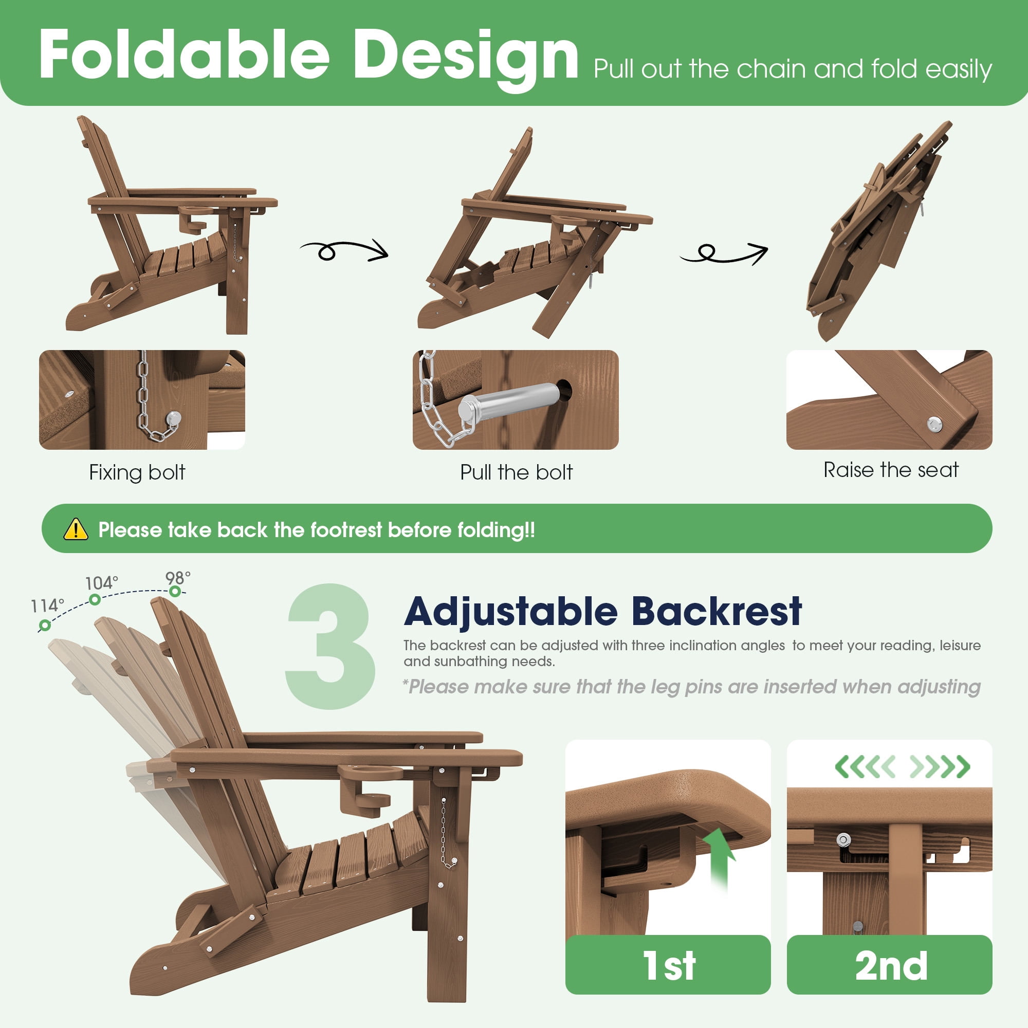 SERWALL Adjustable Folding Adirondack Chair with Footrest & Dual Cup Holders, HDPE Foldable Multifunctional Adirondack Chair with Ottoman for Patio, Outdoor, Garden, Brown