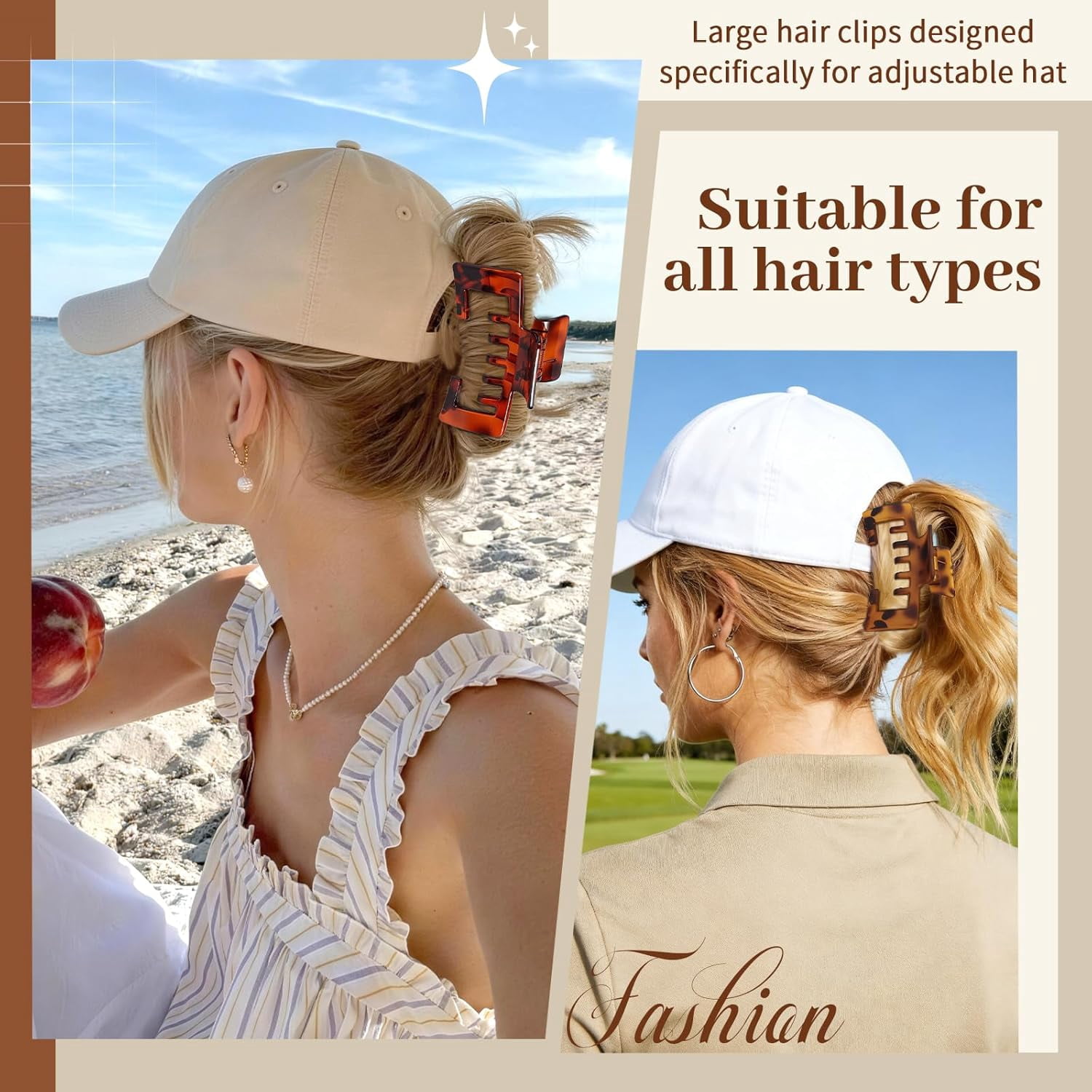 4 PCS Tortoise Shell Hair Claw Clips for Baseball Caps – Adjustable Non-Slip Strong Hold for Trucker Hats, for Thick & Thin Hair, Gift Hair Accessories
