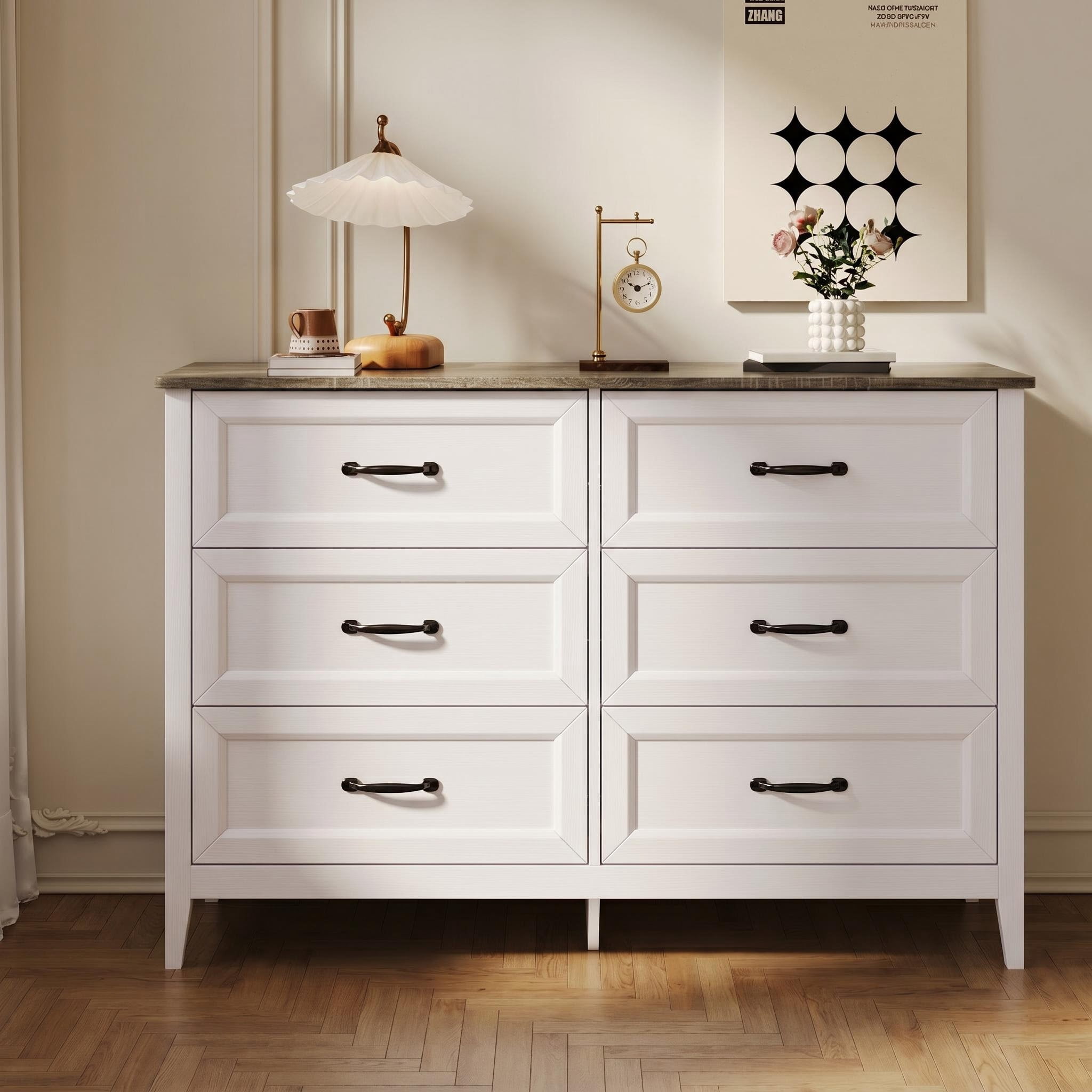 Lofka White Wooden 6 Drawer Dresser for Bedroom, Wide Storage Organizer Cabinet for Closet Living Room